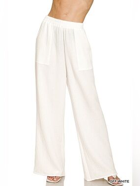 Zenana Outfitters Off White Wide Leg Gauze Pants